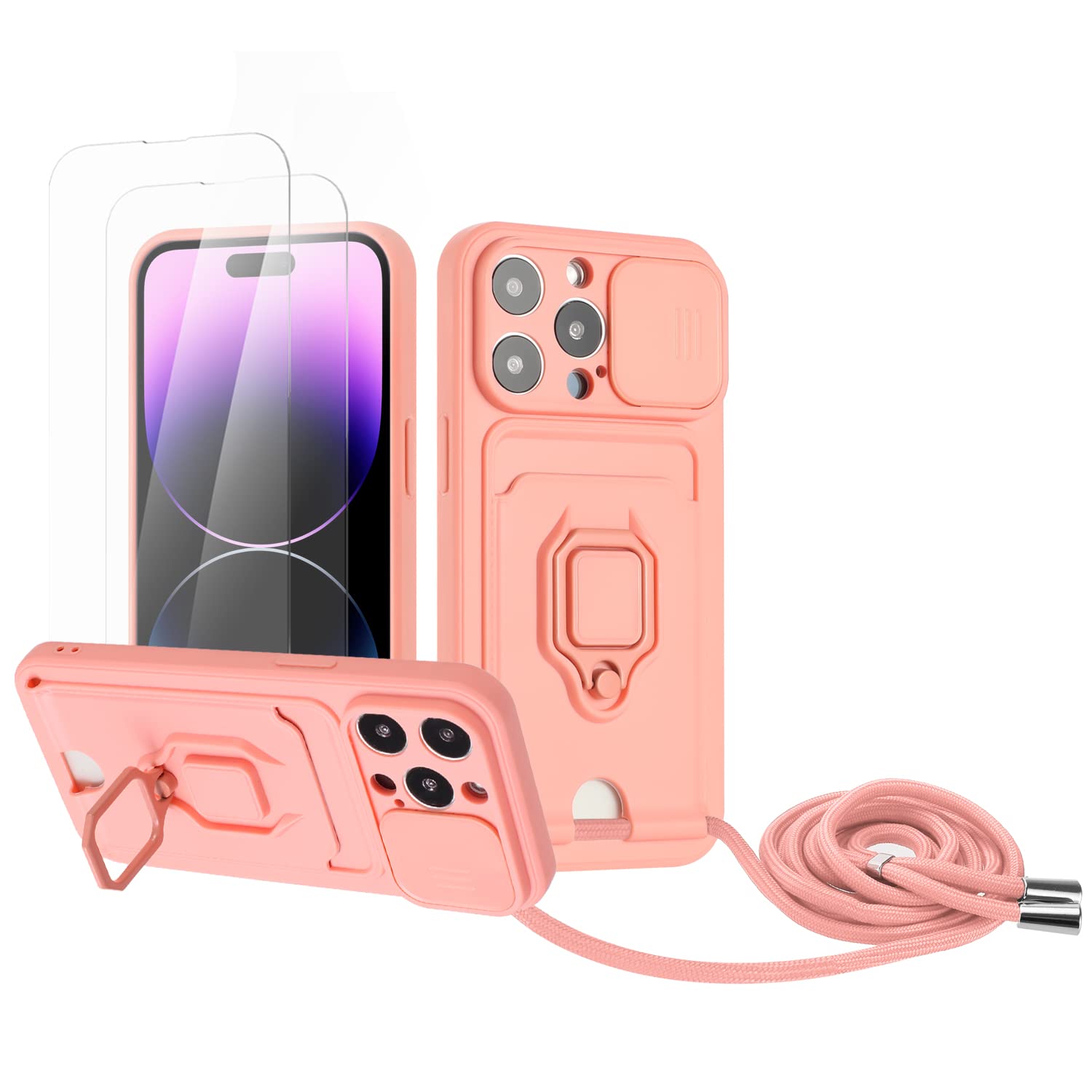 Zallagre Funda con Cuerda Compatible con Redmi Note 13 Pro 5G,[2 Packs Cristal Templado],Ranura para Tarjetas,Cubierta de Cámara Deslizante Proteger,360 Anillo Soporte-Morado — view 80