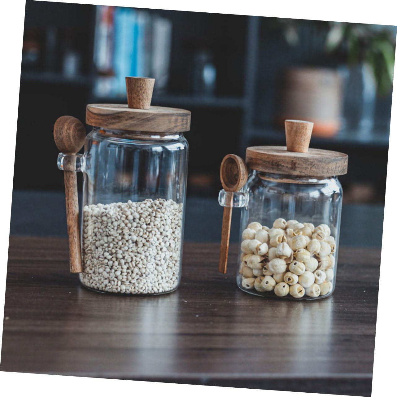 Gewürzglas mit Holzdeckel 550ml 3 Stück und Löffel 850ml aus Glas Stabile Salz und Zuckerbehälter 400ml Frische Gewürze Bewahren für Skandinavische Küche