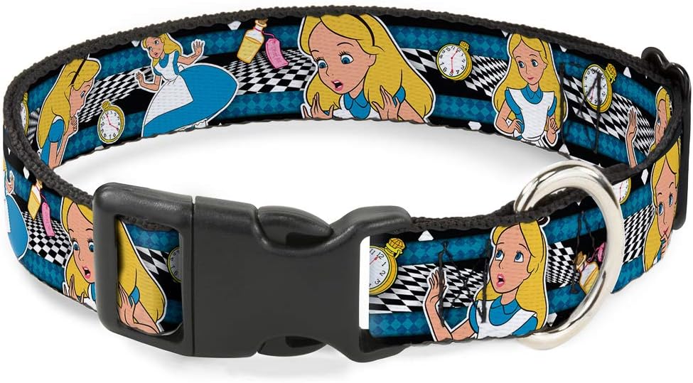Buckle-Down Plastic Clip Collar - Alice in Wonderland Poses/Clock/Bottle Diamond/Stripe Black/White/Blues - 1.5" Wide - Fits 18-32" Neck - Large