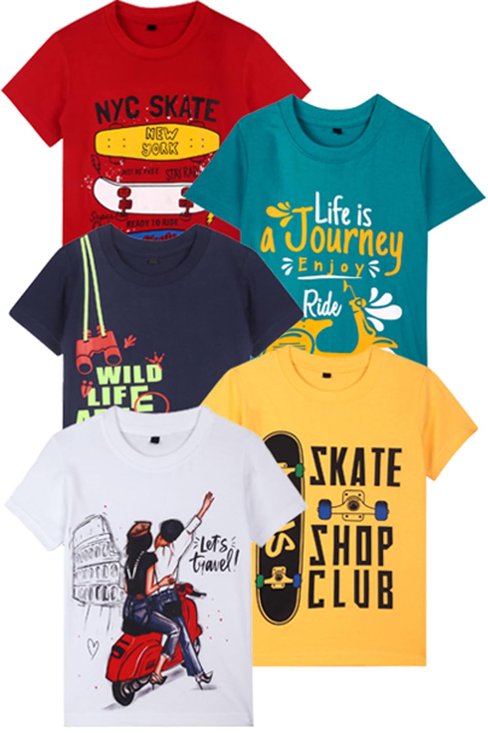 T2F Boy's Cotton Printed Regular Fit T-Shirt (Pack 0f 5)