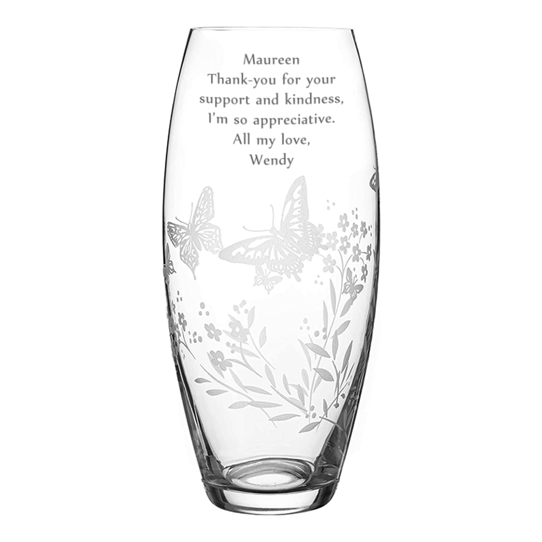 Diamante Engraved Glass Vase, Barrel Shape, 30cm Tall, Etched with Butterflies & Wild Flowers, Personalised With Your Own Heartfelt Message, Gift Boxed