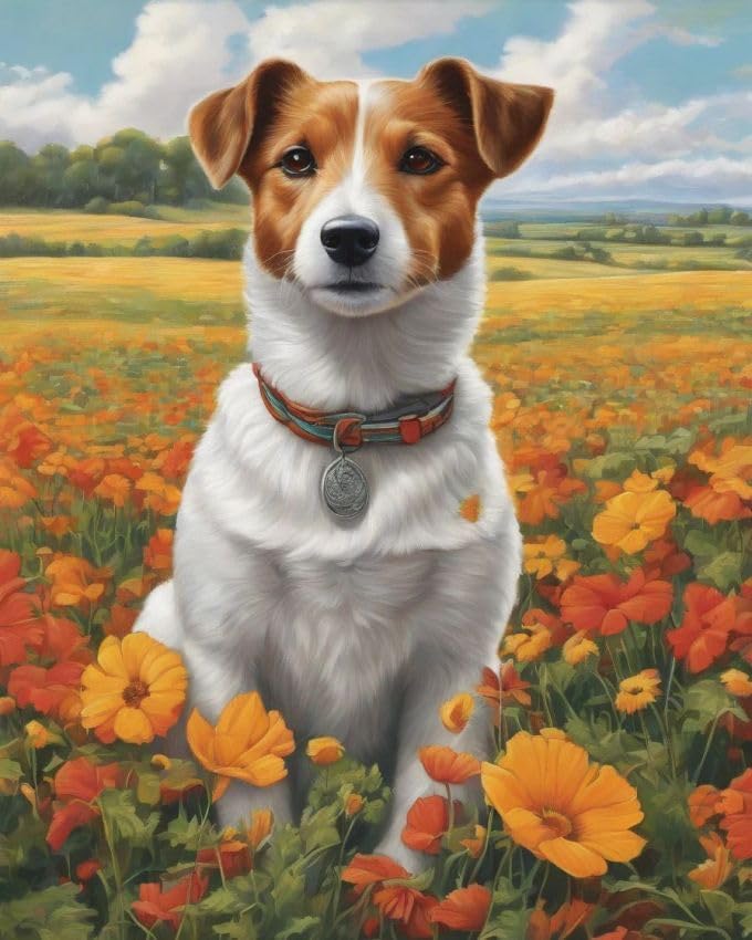 ZMHZMY DIY Paint by Numbers for Adults Jack Russell Terrier Dog on Flower Lawn DIY Painting by Number Kits Oil Paint Drawing Canvas Home Decor,40x50cm Without Frame