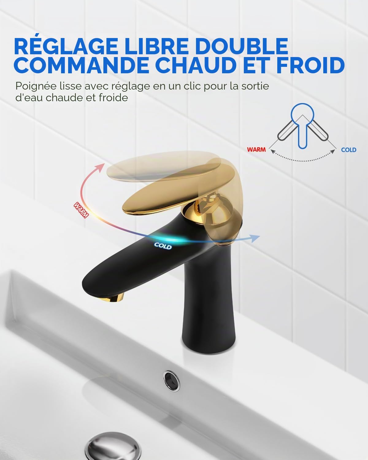 Robinet Salle de Bain Robinet Lavabo,Moderne Design Elégant Mitigeur Lavabo Noir en Laiton Eau Chaude et Froide Disponible