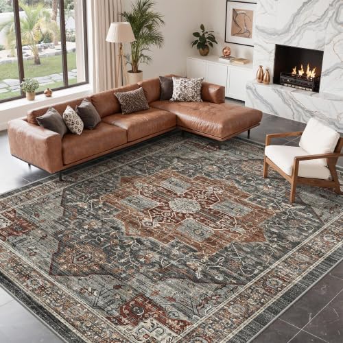 Image of Roxstand 8x10 Washable Area Rugs, Vintage Non Slip Rug, Grey /Brown /Tan