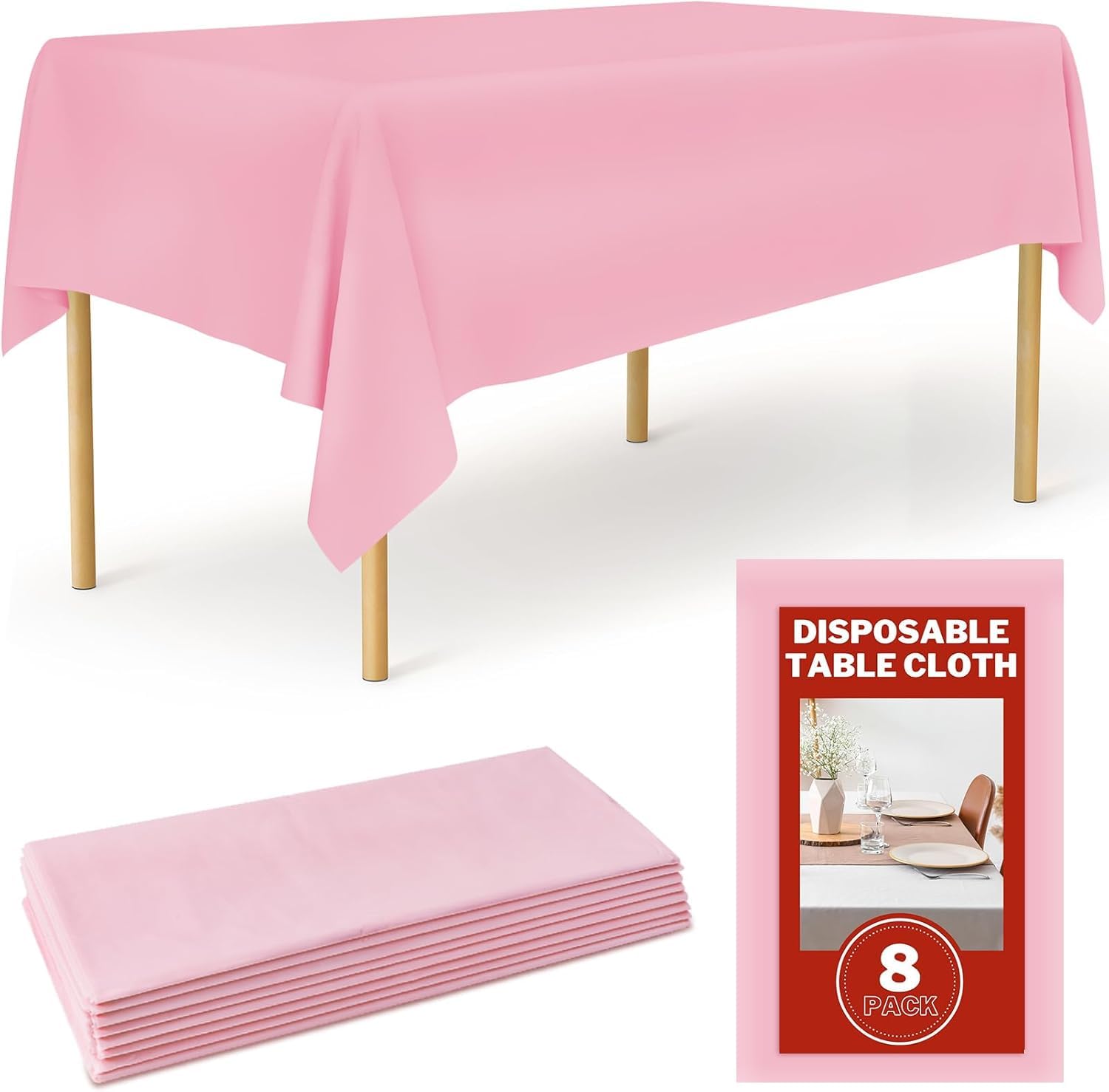ausurme 8 Pack Plastic Table Cloths,54 x 108 inch Disposable Tablecloths,Disposable Plastic Tablecloth,Pink Tablecloth,Rectangle Table Cover for Parties Dinning Birthday Wedding(Pink)