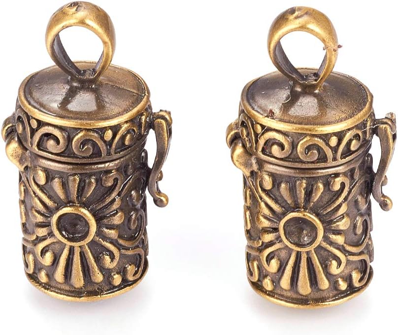 KISSITTY 10pcs Brass Prayer Box Pendants Antique Bronze Hollow Cage Charms Column Locket Box with Flower for Necklaces Jewelry Making, 27.5x15x13mm