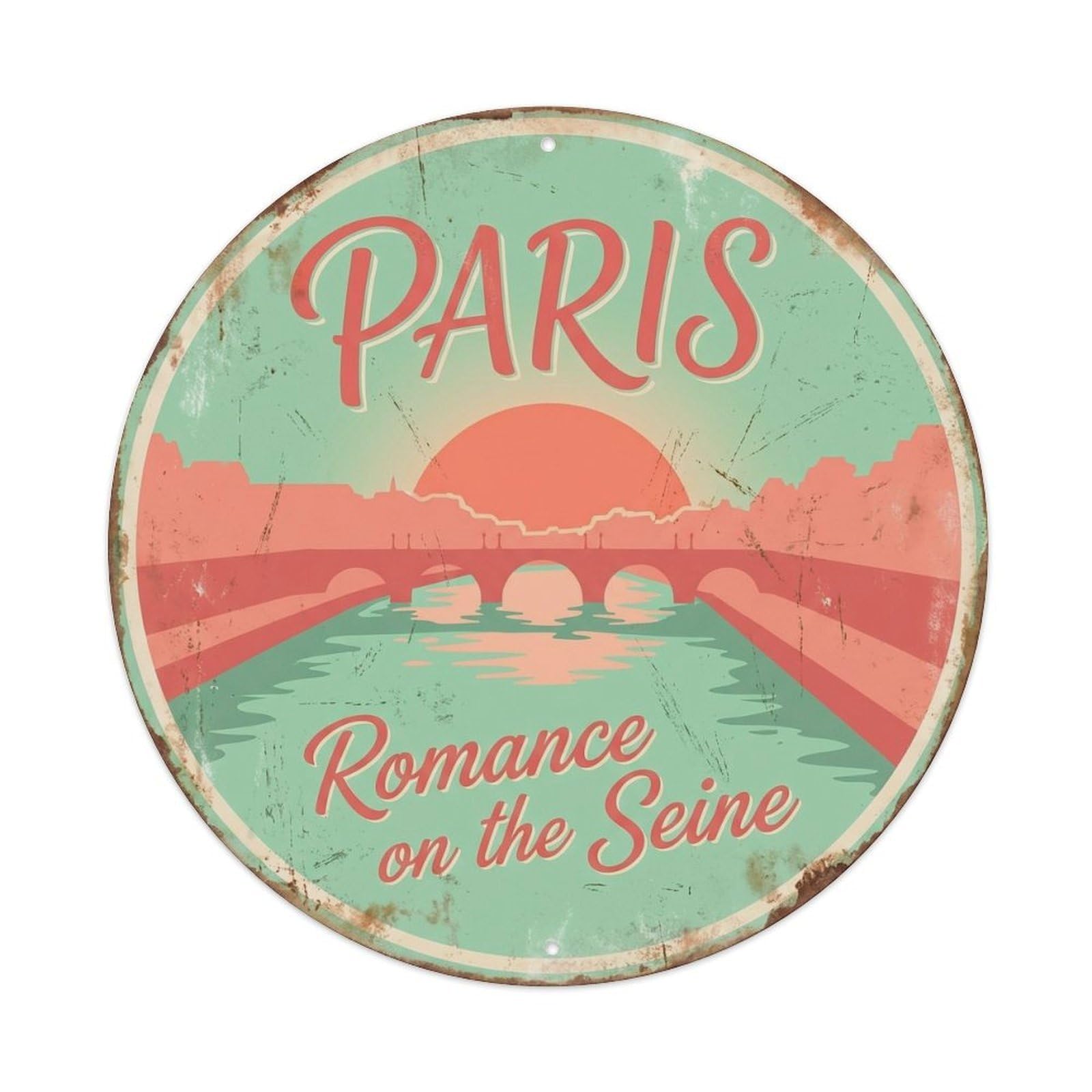 Paris France Seine European Romance Classic Europe Destination Metal Tin Sign Plaque Wall Decor for Cafe, Man Cave, Club Bar, Office, Home Garden Round Metal Poster 8x8Inch