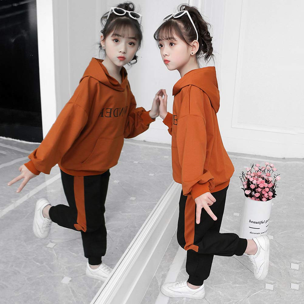 Chándal infantil para niña, chándal de 2 piezas, conjunto de ropa para el tiempo libre (sudadera + pantalones de sudadera) primavera y otoño, marrón, 116 cm