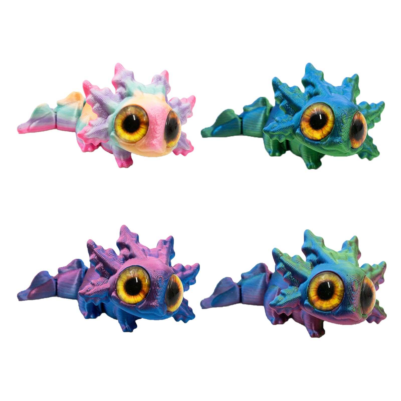 4 PCS 3D Printed Axolotl, Set of 4 Vibrant 3D Animals, Unique Desk Decor for Kids and Collectors, Creative Gift for Birthday and Holidays (Candy, Blue-Green, Red-Blue, Multicolor)