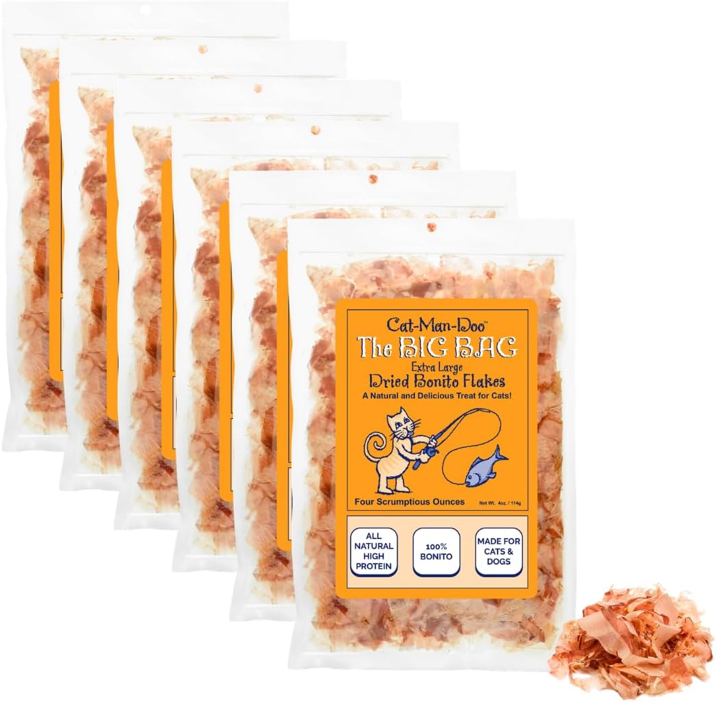 Cat-Man-Doo Extra Large Dried Bonito Flakes Treats for Dogs & Cats - All Natural High Protein Flakes - 4oz Bag (6 Pack)