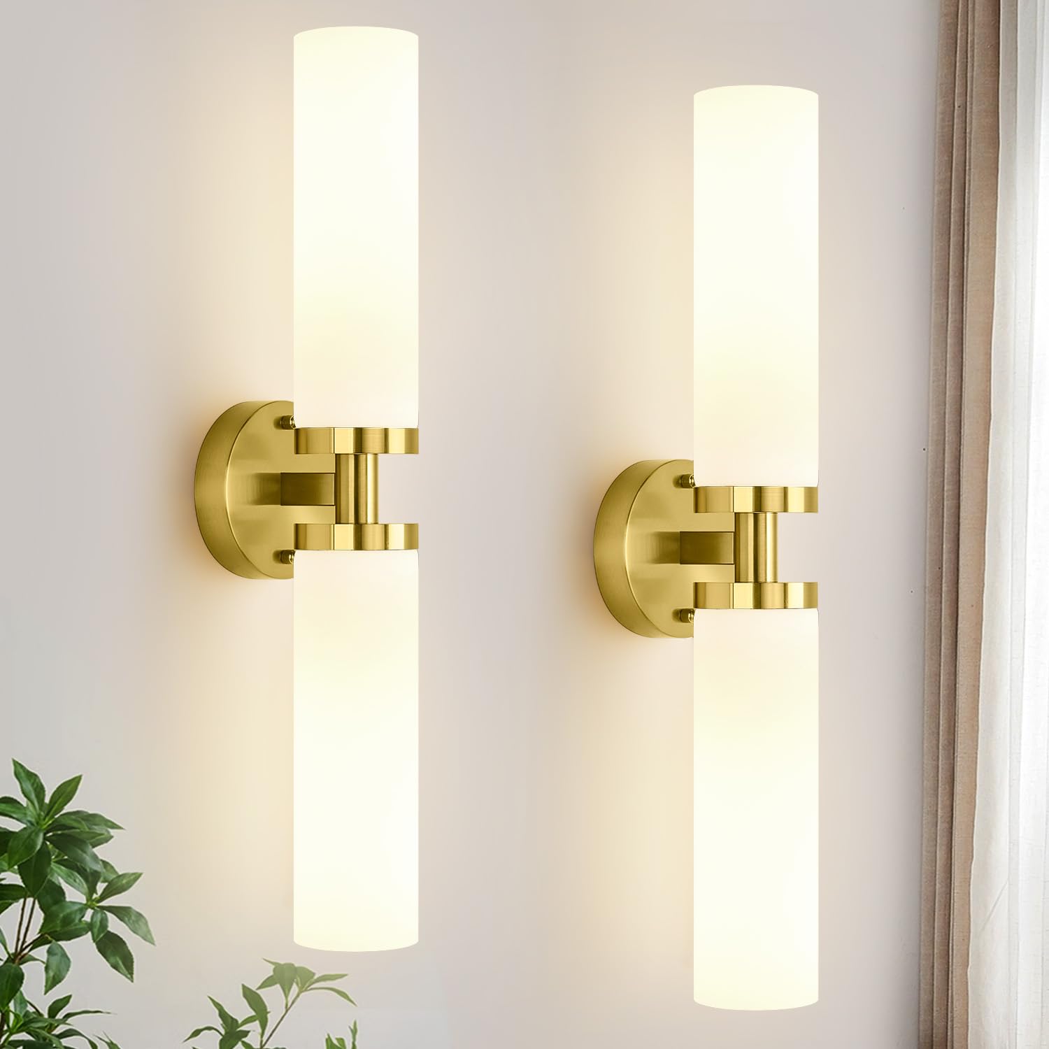 Wall Sconces Set of Two, Brushed Gold Bathroom Sconces Wall Lighting with Milky White Glass, Modern Sconces Wall Decor Set of 2 Bathroom Light Fixtures for Mirror Living Room Hallway Bedroom