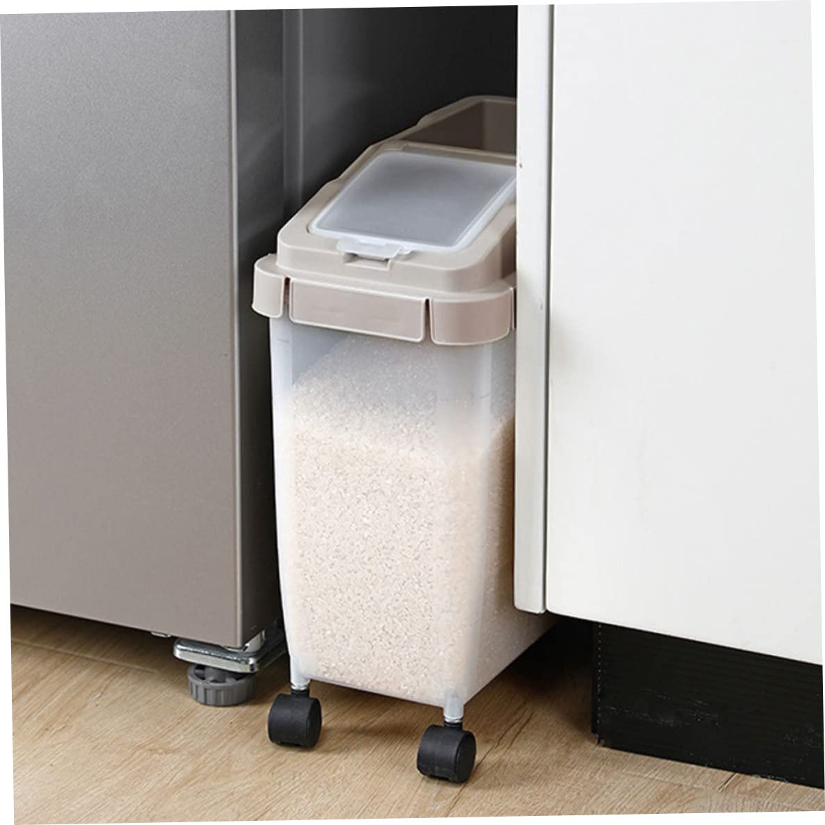 Bac de Stockage d'ingrédients, conteneur de 10kg Riz, Aliments secs, scellé sur Roues avec Couvercle, Tasse à mesurer Le café
