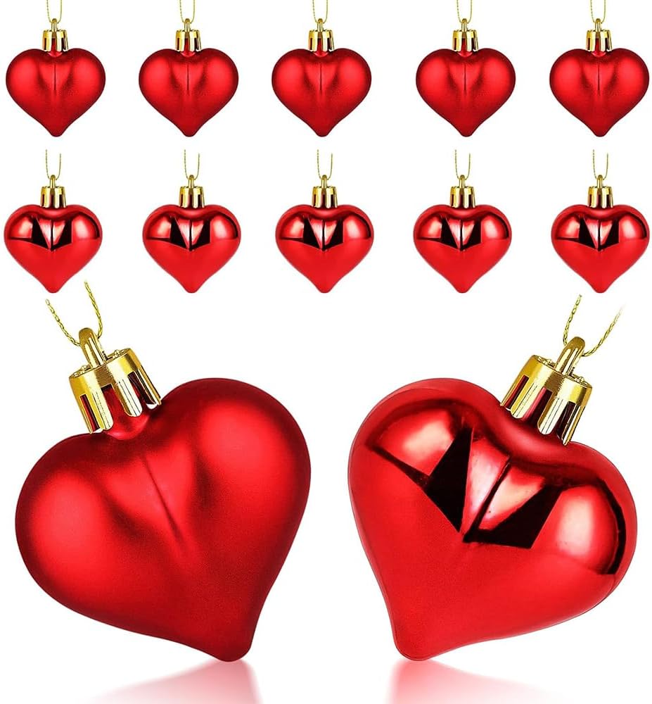 12 Pieces Red Heart Baubles Shiny and Matte Heart Baubles for Valentine