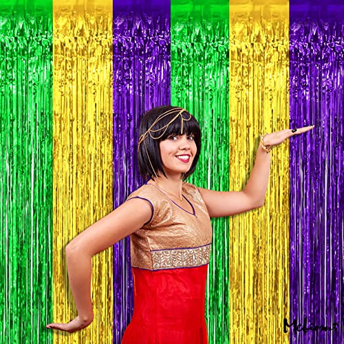 Image of 4 Pack 3.2Ft x 9.8Ft Mardi Gras Fringe Curtain Backdrop, Gold Green Purple Metallic Tinsel Foil Fringe Streamers Curtains Background for Photo Booth Birthday Wedding Carnival Party Decorations