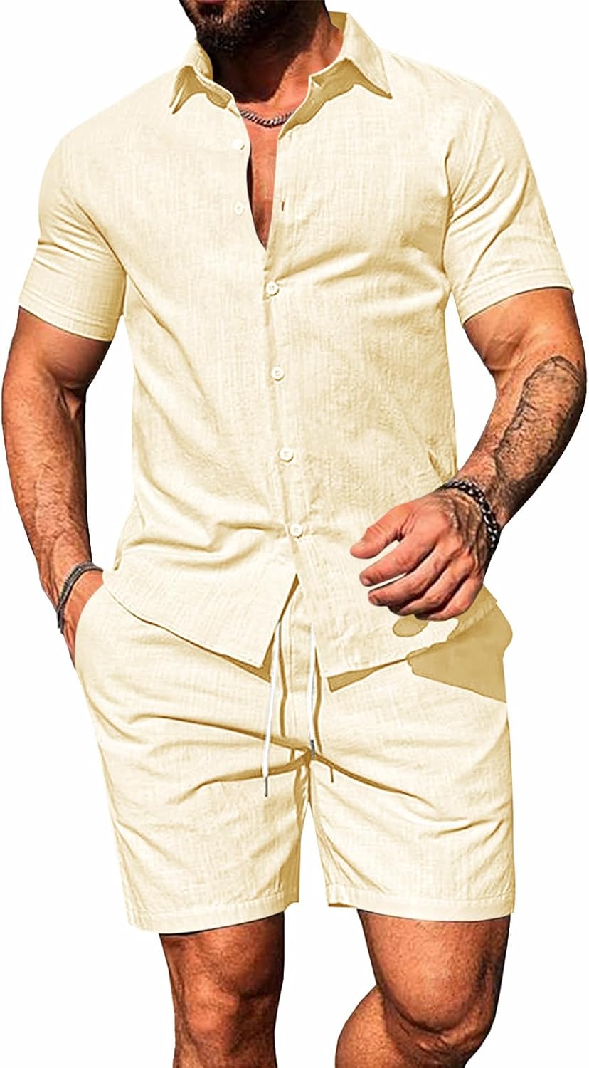 Runcati Mens Summer Beach Outfits 2 Piece Short Sleeve Sets Button Down Linen Cotton Shirts and Shorts Casual Vacation Set