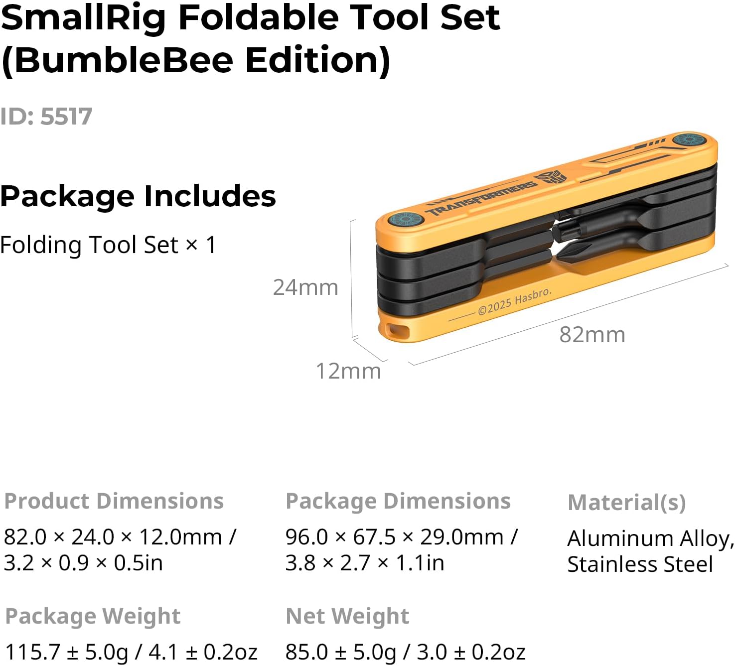 SMALLRIG Camera Tool, Foldable Tool Set with Screwdrivers and Wrenches, Camera Tool Kit Including Allen Wrenches, Slotted Screwdriver, Cross-Head Screwdriver, Torx T25 Driver, BumbleBee Edition