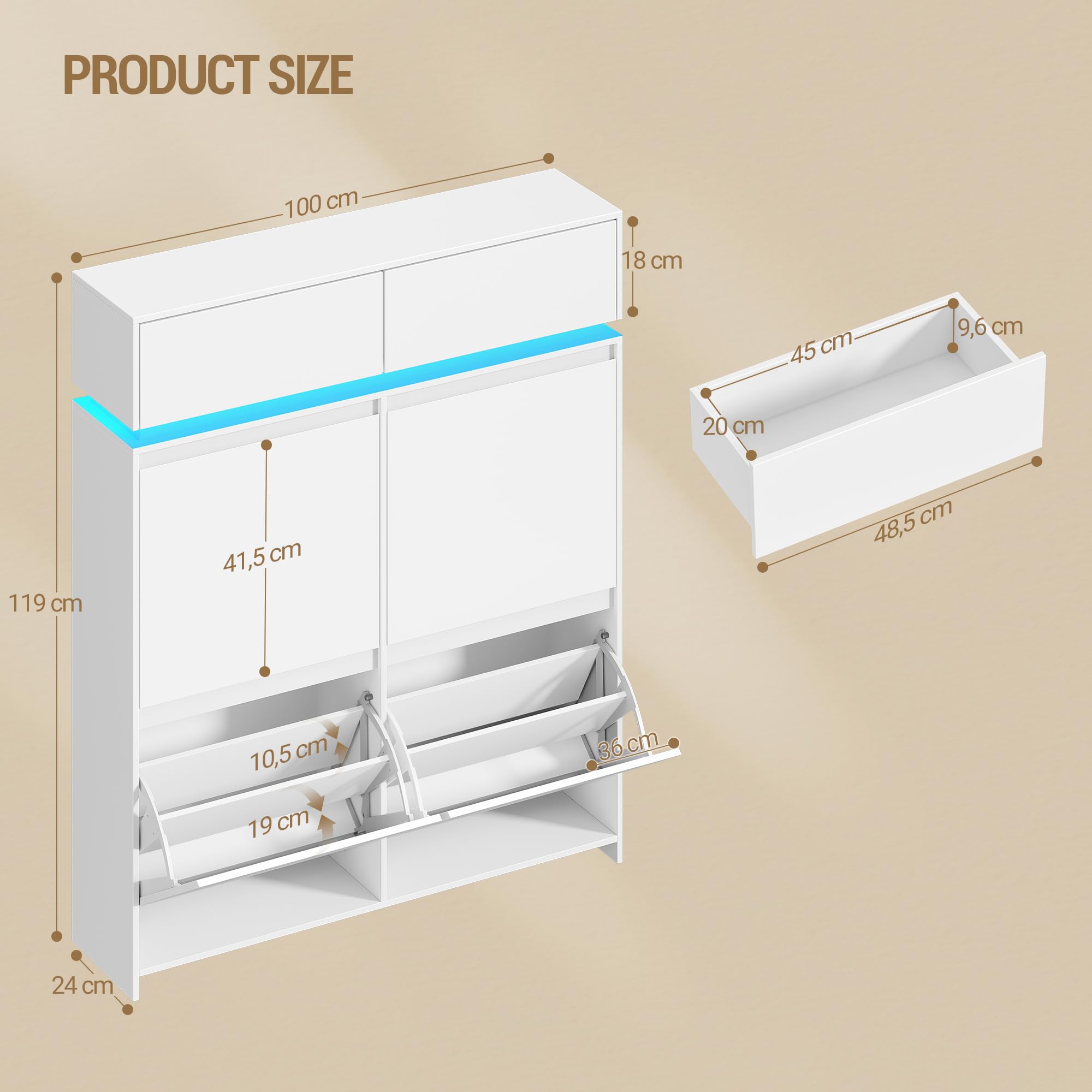 Hzuaneri Schuhschrankmit LED-Leuchten, 20 Paar, 4 Klappen(100B cm)