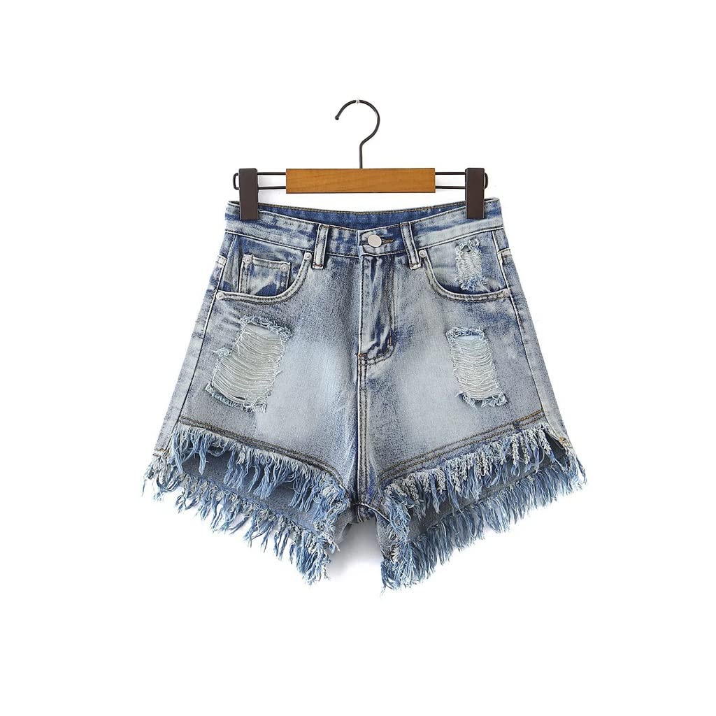 JJJ GCX- Lato Nowa Moda Damska Sprane Frędzle Szwy Denim Casual Szorty Seksowne (Kolor: Niebieski, Rozmiar: L)