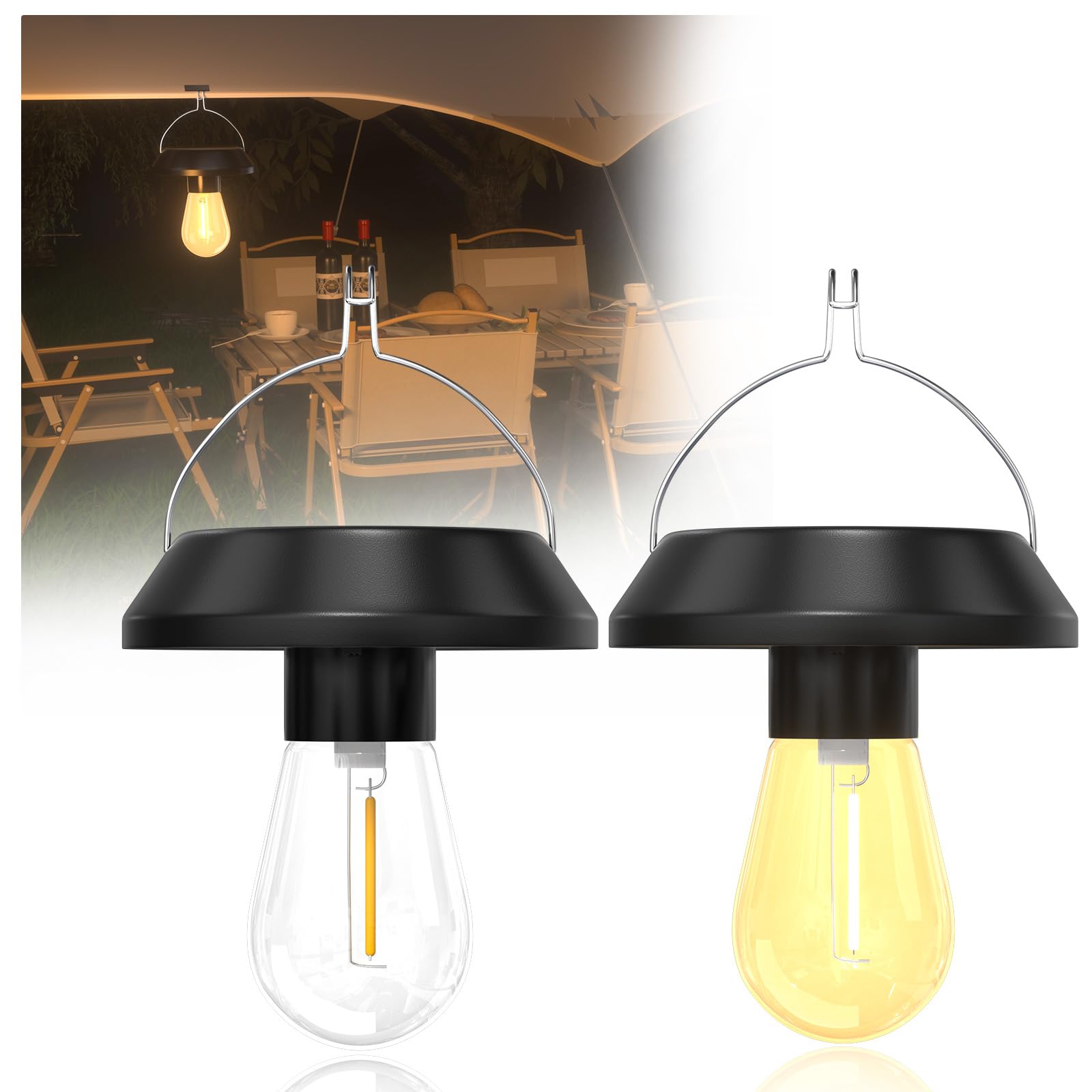 Lampada da Campeggio LED Solare, Lanterna Solare per Tenda, Luce Solare Esterno IP44 con Gancio, Lampada Tenda per Campeggio, Trekking e Illuminazione di Emergenza, 2 Pezzi