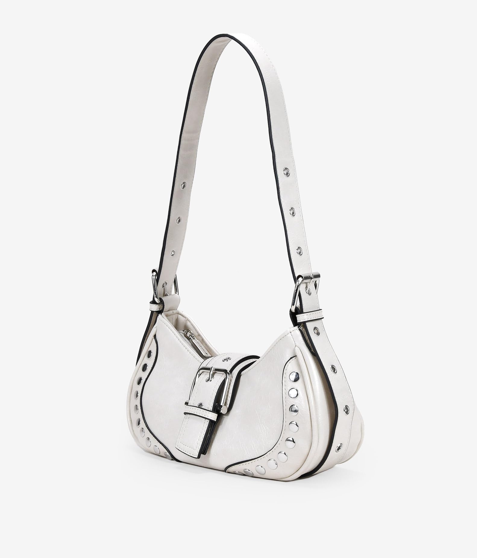 BOSANOVA Bolso de Hombro Color Blanco Efecto Charol con Detalle de Solapa con Hebilla y tachas metálicas. Asa de Hombro Regulable y Cierre con Cremallera. Blanco U