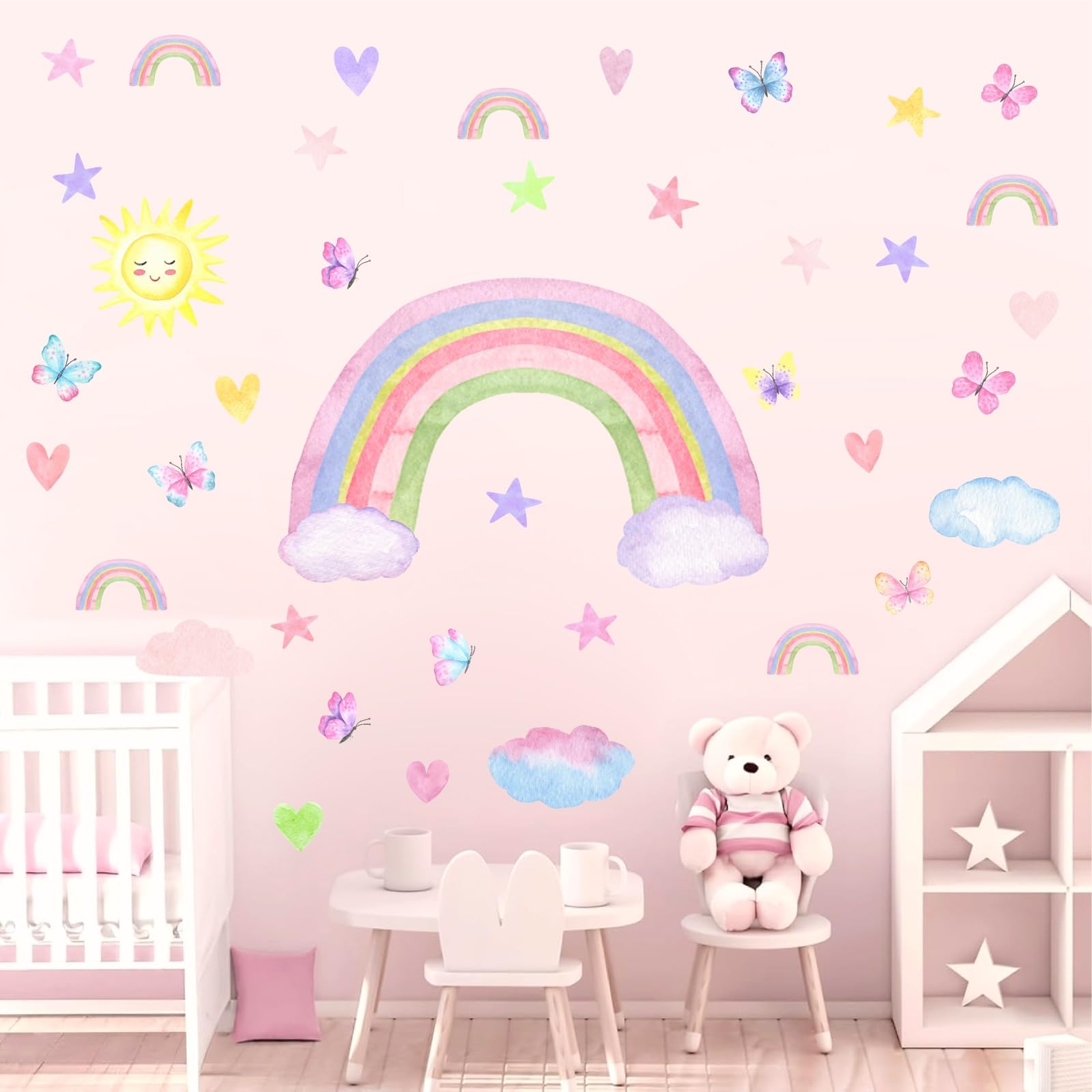Barri Design Colorful Rainbow Wall Decals Watercolor Rainbow Sun Cloud Wall Decals Star Heart Butterfly Wall Stickers Cute Rainbow Wall Stickers for Girls Room Bedroom Nursery Decor