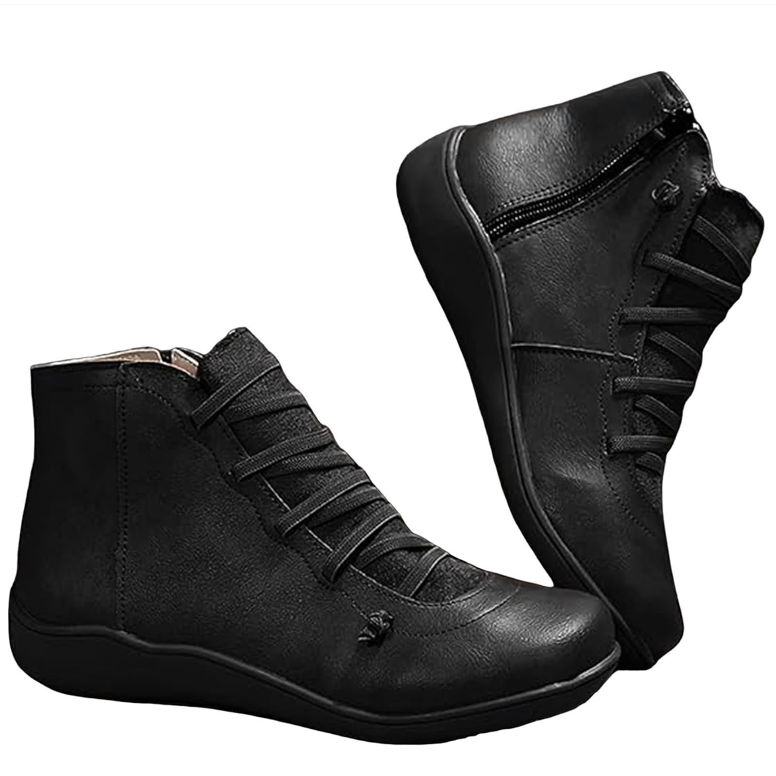 Ankle Boots for Women No Heel Slip On Flat Shoes Lace Up Side Zipper Retro Leather Booties Comfortable