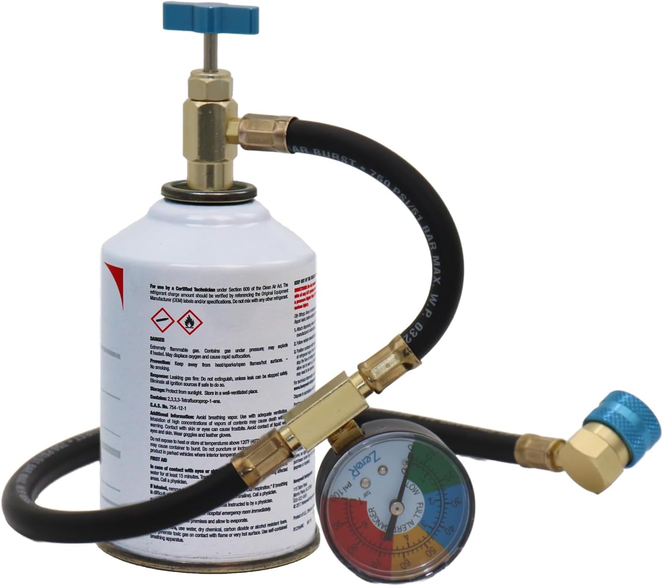 ZeroR® R1234YF Refrigerant Recharge Kit with 1 X 8oz R1234YF Can & 24" HD Brass Can Tap Gauge -, Ideal for Automotive AC Systems, Reverse-Thread Design - Easy Access to Hard-to-Reach Ports