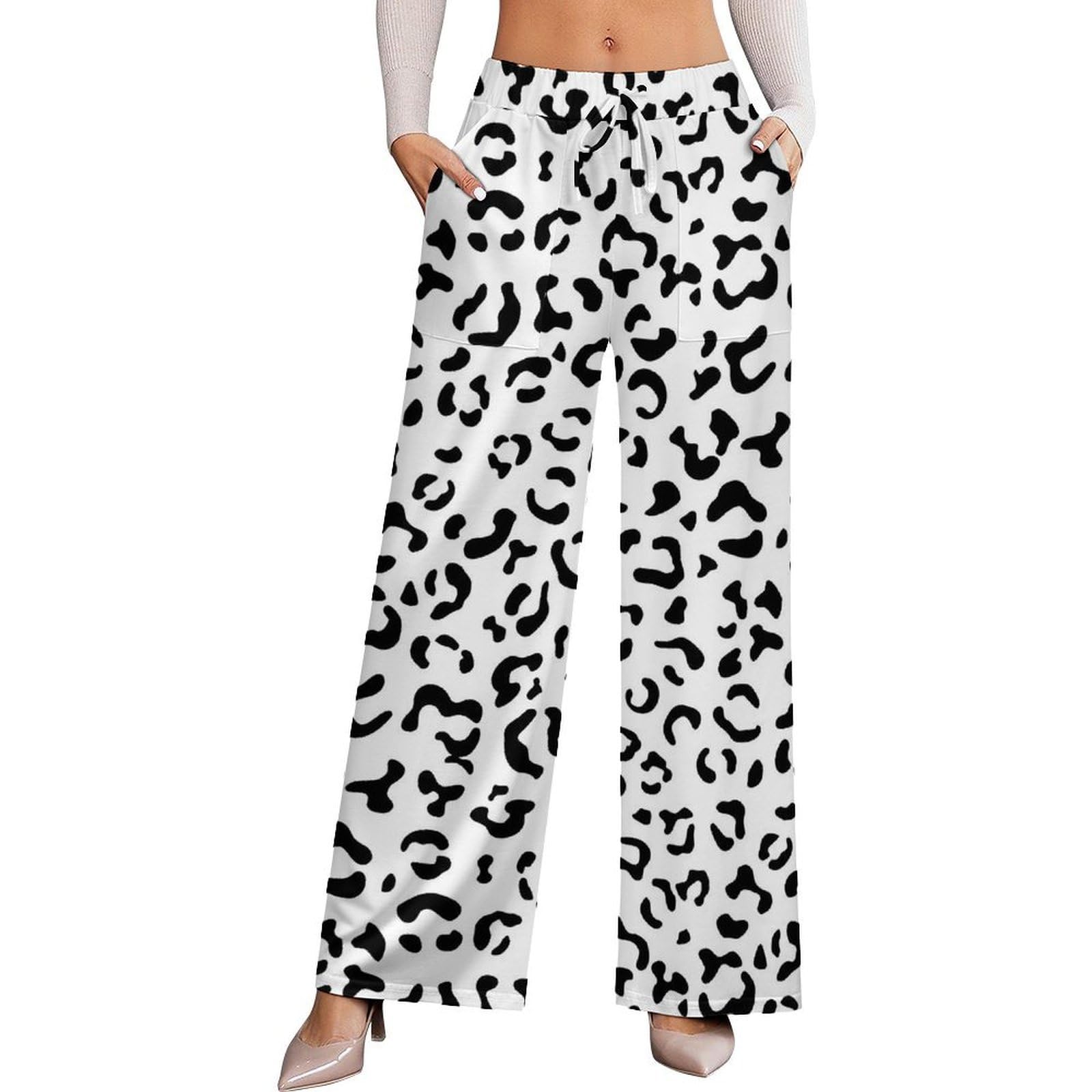 Black White Leopard Stretch High-Waisted Wide-Leg Pants Womens Versatile Casual Wears