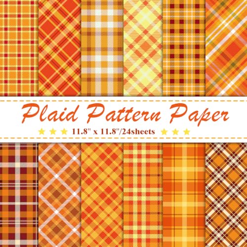 Konsait 24 Sheets Fall Plaid Scrapbook Paper 12x12 Double Sided Vintage Autumn Harvest Cardstock for Halloween Thanksgiving Mini Journal DIY Gift Wrapping