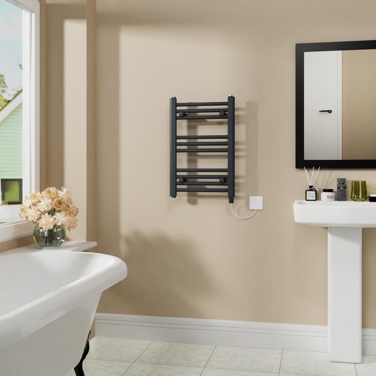 Warmehaus Anthracite 200W Electric Heated Warming Towel Rail Bathroom Radiator - 600X400mm