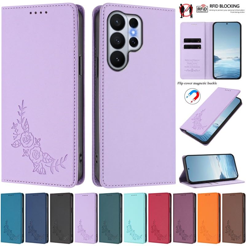 Étui en cuir Samsung S24 Ultra aux finitions fleurs gravées