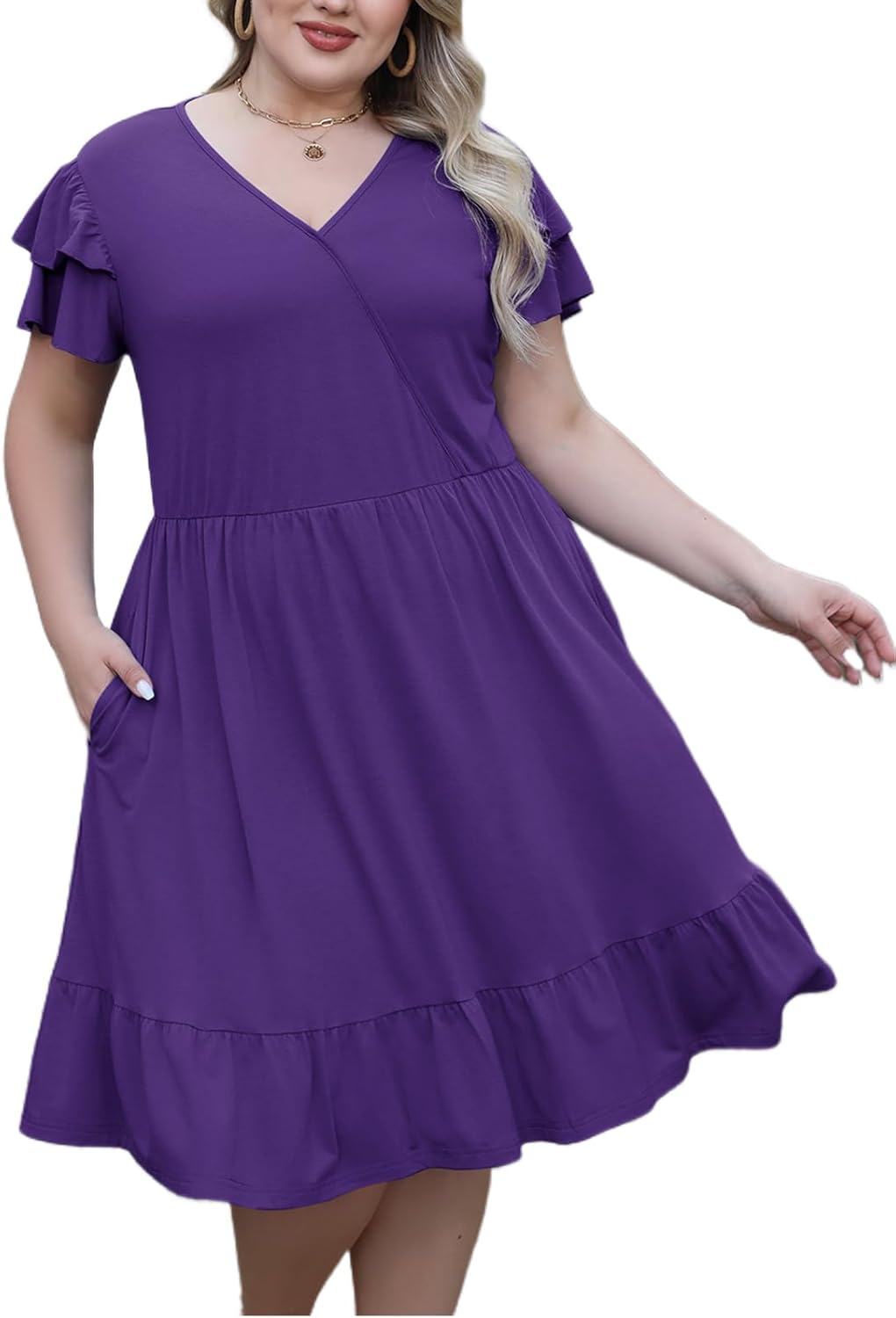 Celkuser Plus Size Casual Wrap V-Neck Ruffle Short Sleeve Midi Dress for Curvy Women with Pocket Spring and Autumn Dress