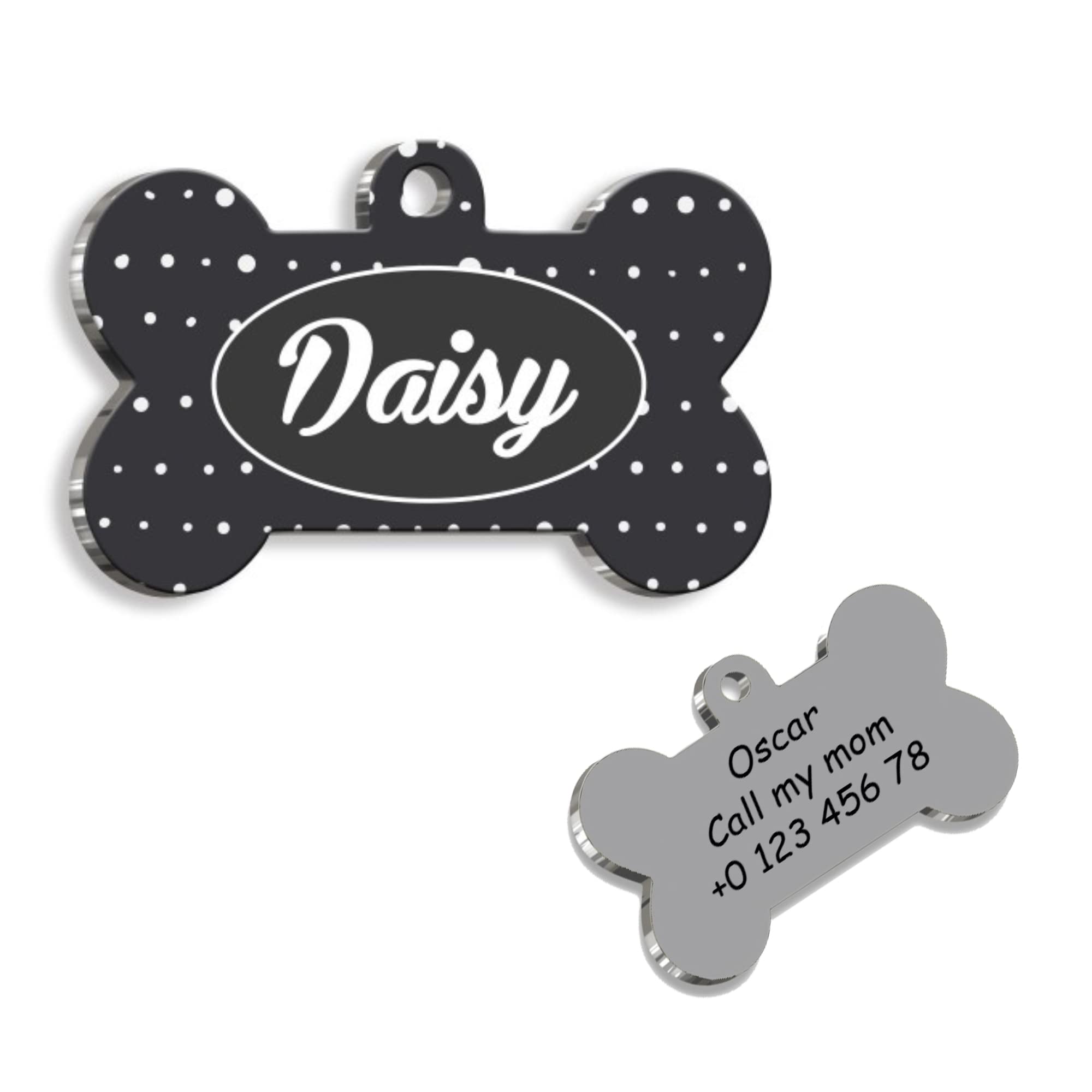 Black Polka Dot Bone Personalized Dog Tag - Custom Name Tag - ID Tag for Dog & Cat - Customized Pet Tags - Dog Name Tag - Cat Name Tag - Engraved Dog Tag