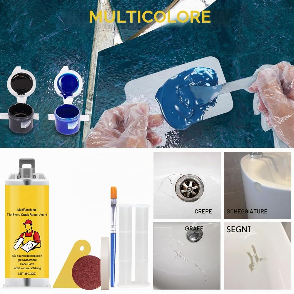 Kit Riparazione Piastrelle, Kit di riparazione vasca da bagno, kit di riparazione per piastrelle Per la riparazione di scheggiature, ammaccature, crepe, fori, graffi, 85 g