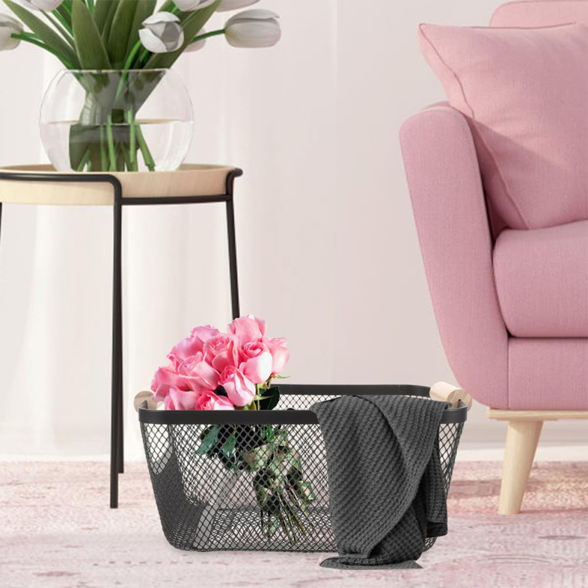 Cesta de almacenamiento de metal 2 piezas con mango de madera, contenedor de almacenamiento de entrada, negro, hierro, multifuncional, para cocina y sala de estar