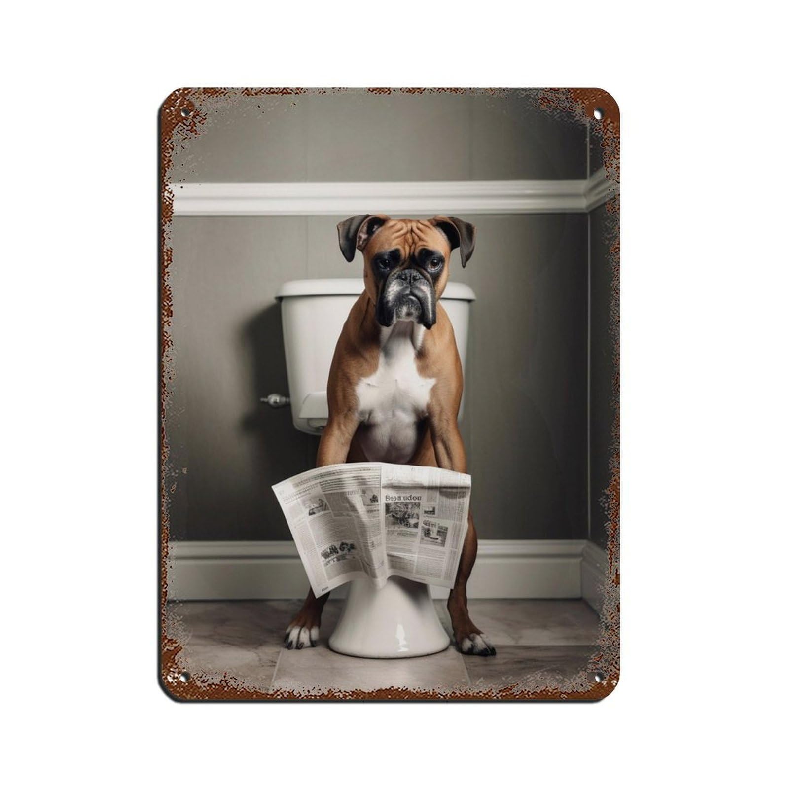 Boxer Dog on Toilet Reading The Newspaper Retro Poster Metal Tin Sign Chic Art Retro Iron Painting Bar People Cave Cafe Family Garage Poster Wall Decoration 12x16inch(30x40cm)
