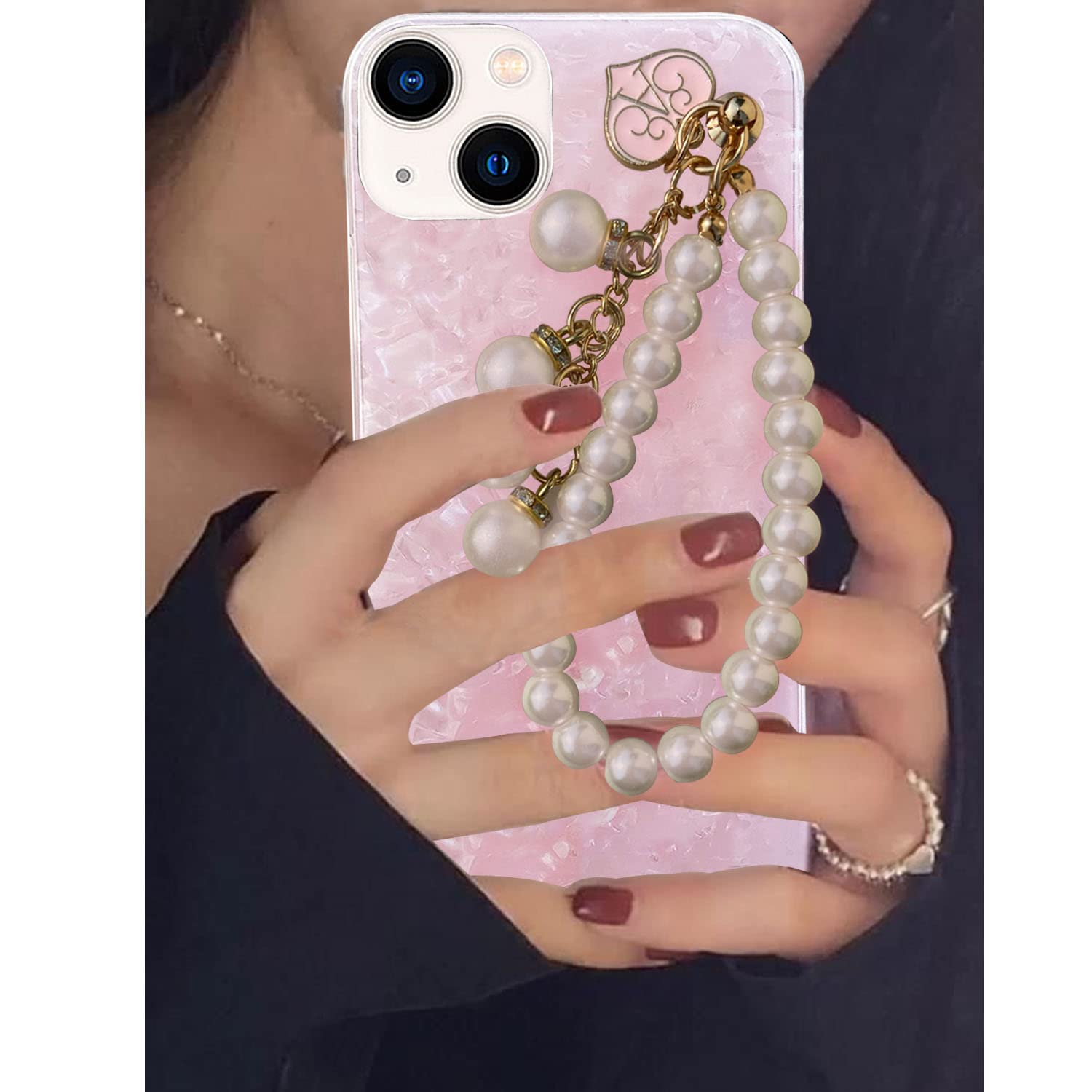 KC Back Cover for Apple iPhone 13, Cute Luxury Shiny Pearls Wrist Hanging Chain Soft Silicone Marble Shell Case (Pink) (B09LHTBYGS) Amazon Price History, Amazon Price Tracker