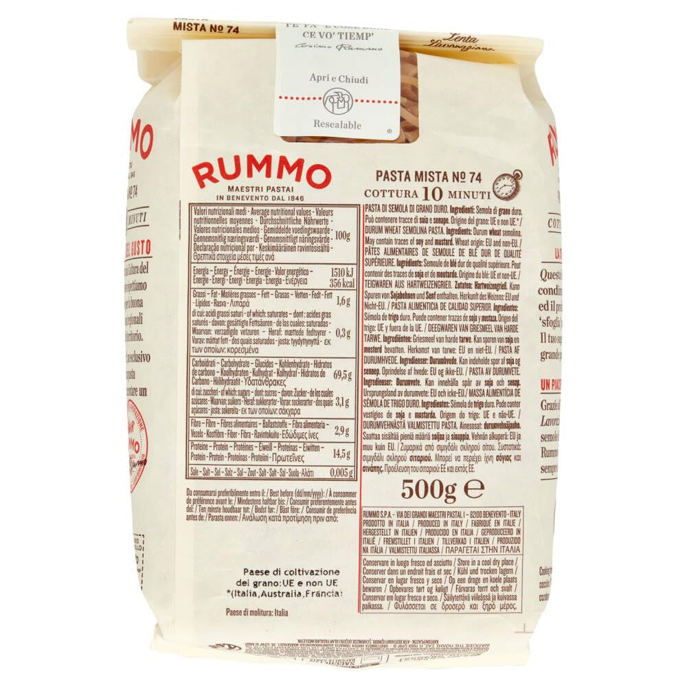 Rummo Pasta Mista N°74, pasta de trigo duro, pasta italiana 500 g + llavero Beni Culinari gratuito (32 unidades)