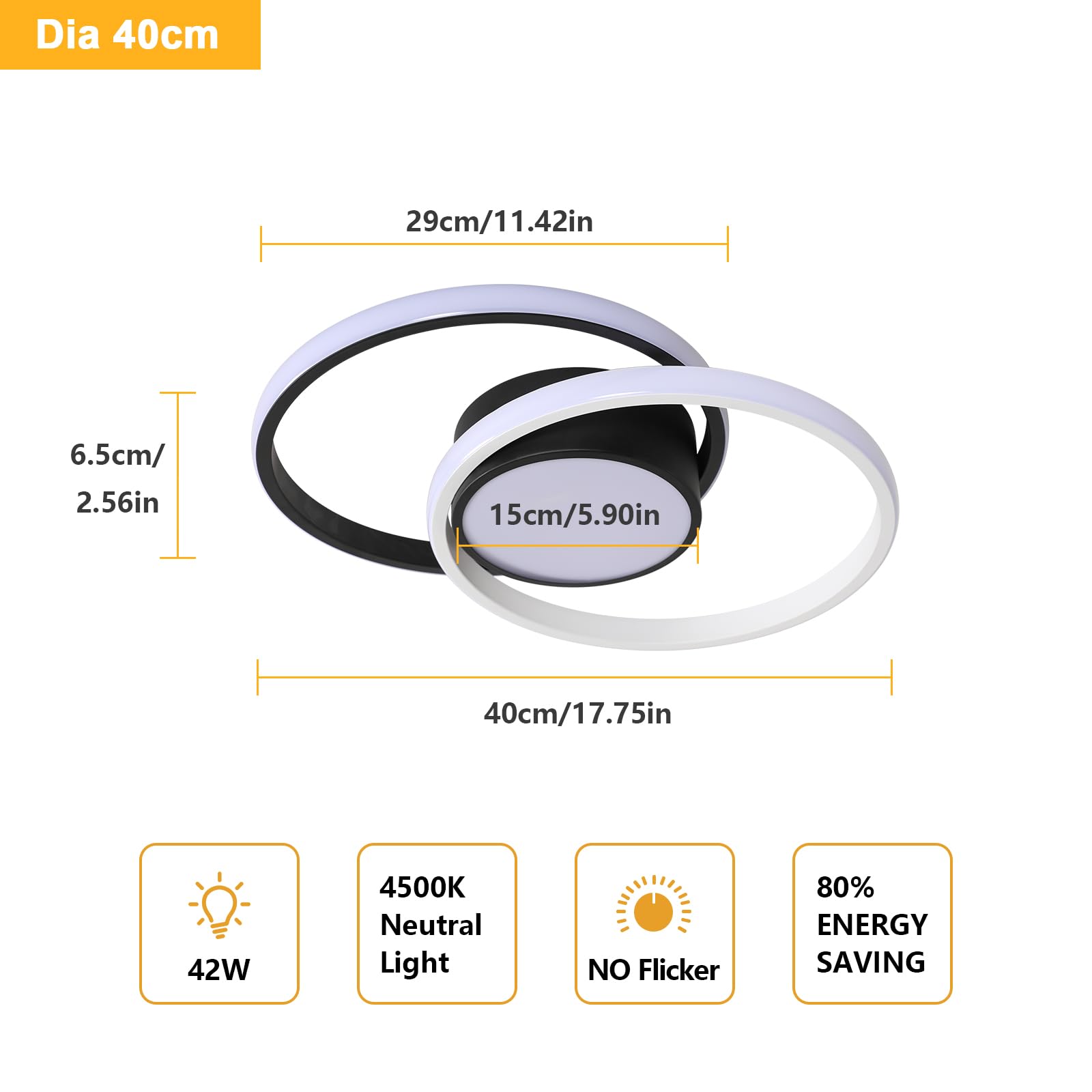 Comely Lampa sufitowa LED, okrągła lampa sufitowa 42W, nowoczesna lampa do przedpokoju, łazienki, kuchni, salonu, naturalne światło 4500K, średnica 40 cm, czarna i biała