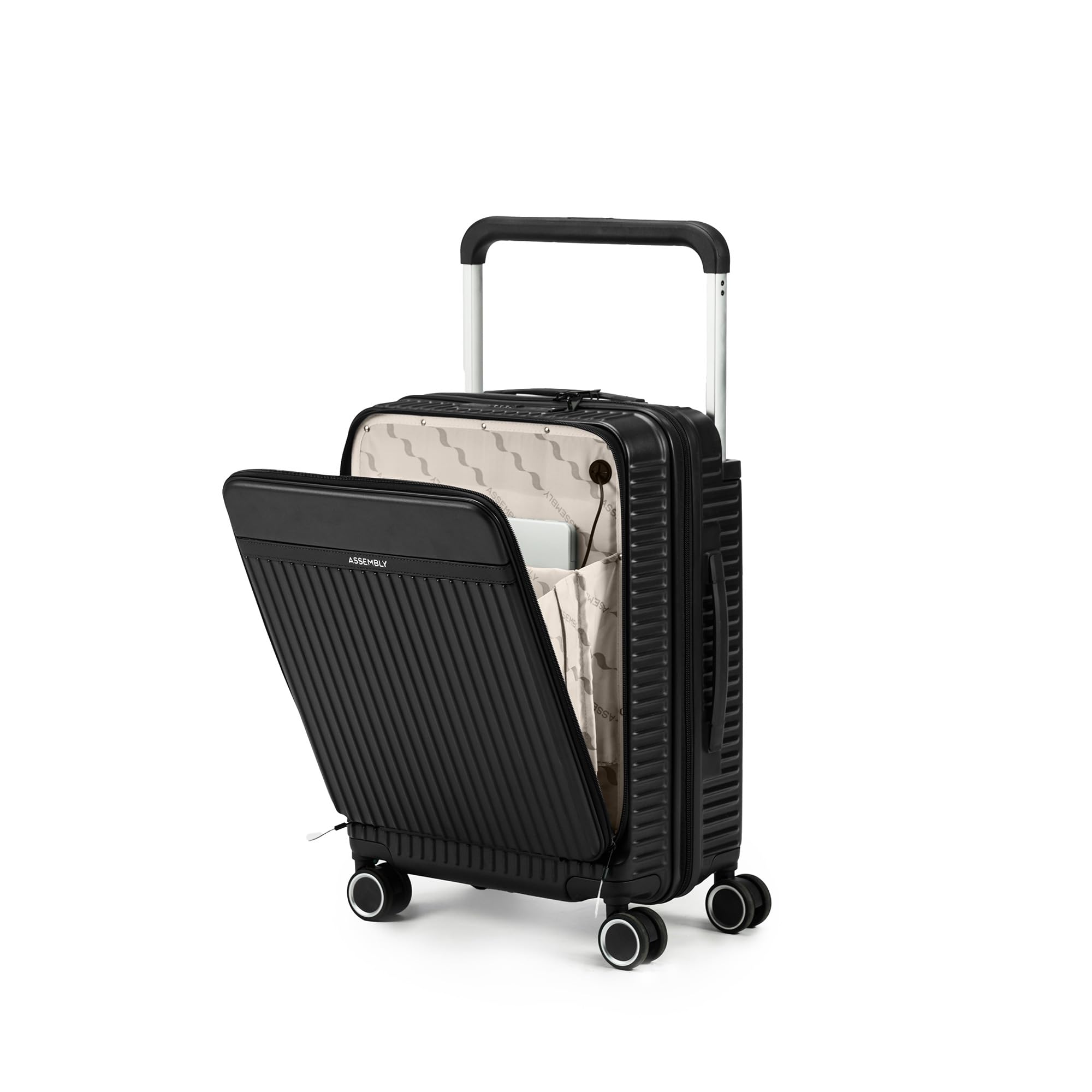 Polycarbonate Spinner Premium Hard-Sided Cabin Luggage (55cms) with Wide Handle | 4 Wheels, Laptop Trolley Bag with USB Port -Black-50Litres (RoverPro)