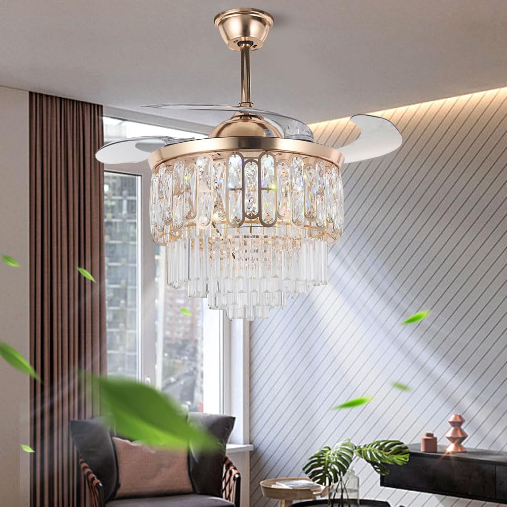 42” Crystal Retractable Chandelier Ceiling Fan, Reversible Ceiling Fan with LED Lights 6 Speeds Remote Control, Gold Modern Fandelier Ceiling Fans for Bedroom Living Dinning Room