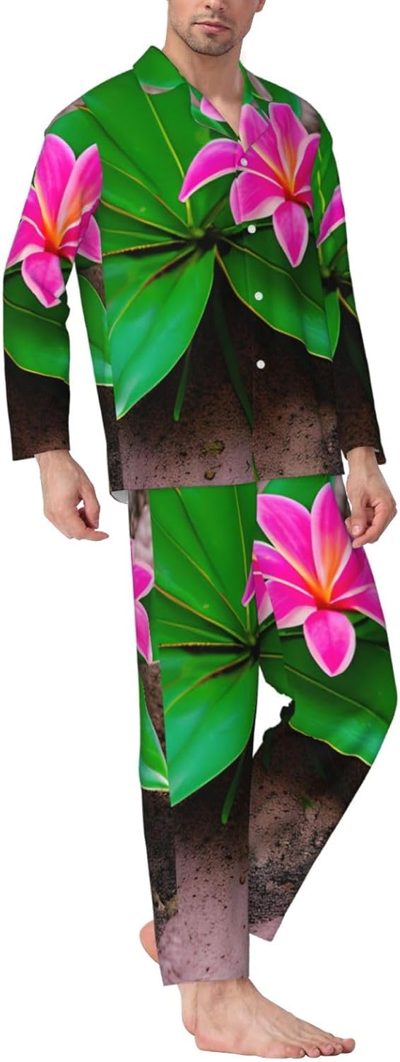 Pink Flower Tropical Plant Print Luxurious Mens Pajamas Set,Breathable Pajamas Set,Perfect For Lounging Bed,Sofa