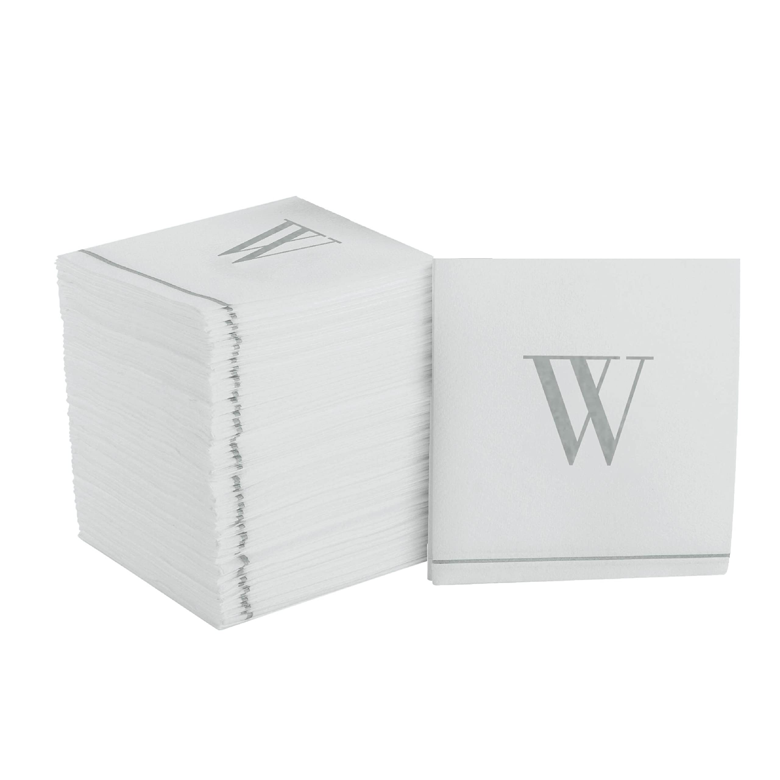 Luxe Party Confezione da 112 tovaglioli da cocktail monogram, lettera W iniziale, usa e getta, di alta qualità, in lino, decorativo, bianco e argento
