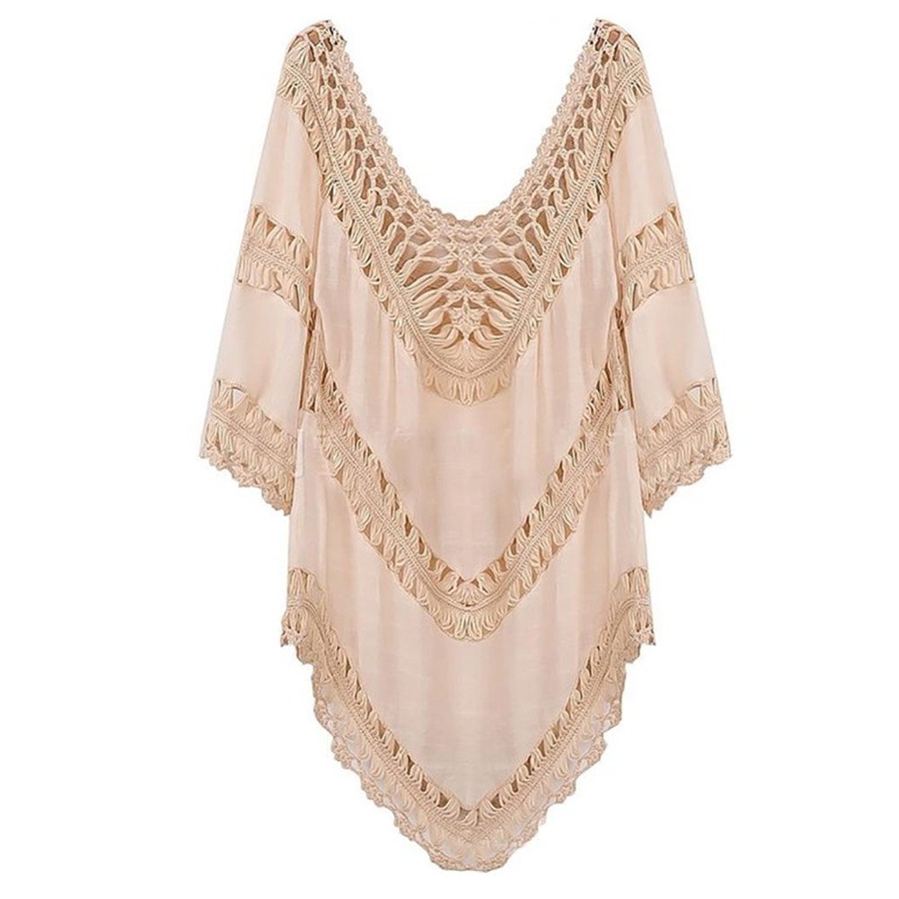 Kawai Peach Women's Beige L-Peach Crochet Hollow Out Splice Tops Blouse Tunic Beachwear Bikini Cover Ups