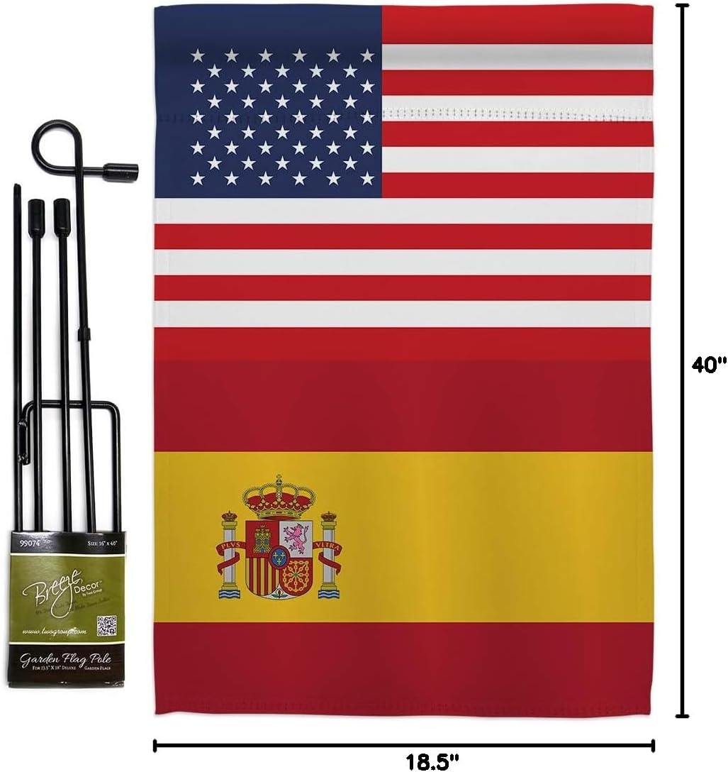 Spain US Friendship Garden Flag Set with Stand Regional USA American Alliance World Country Particular Area Small Decorative Gift Yard House Banner Made In 13 X 18.5