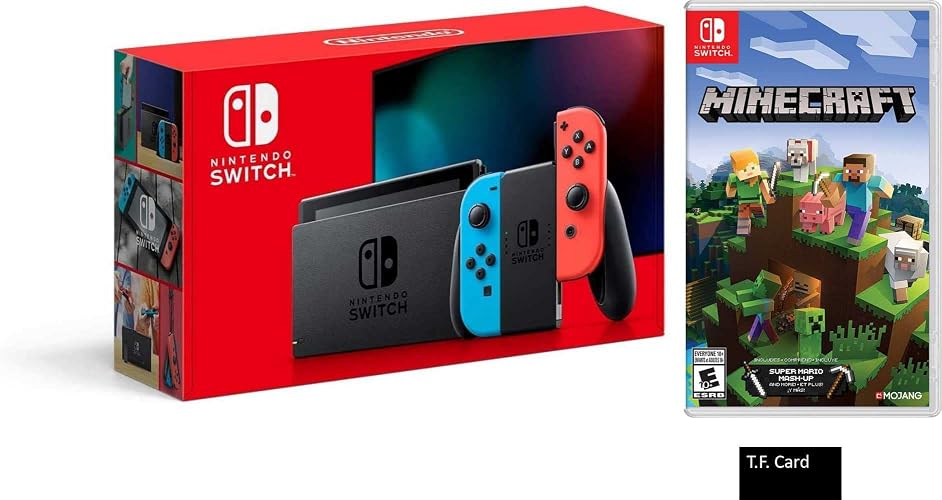 Nintendo Switch Deluxe Holiday Game Bundle: Nintendo Switch with Neon Blue and Neon Red - 6.2" Touchscreen LCD Display + Nintendo Switch Minecraft Game and T.F. Card (Renewed)