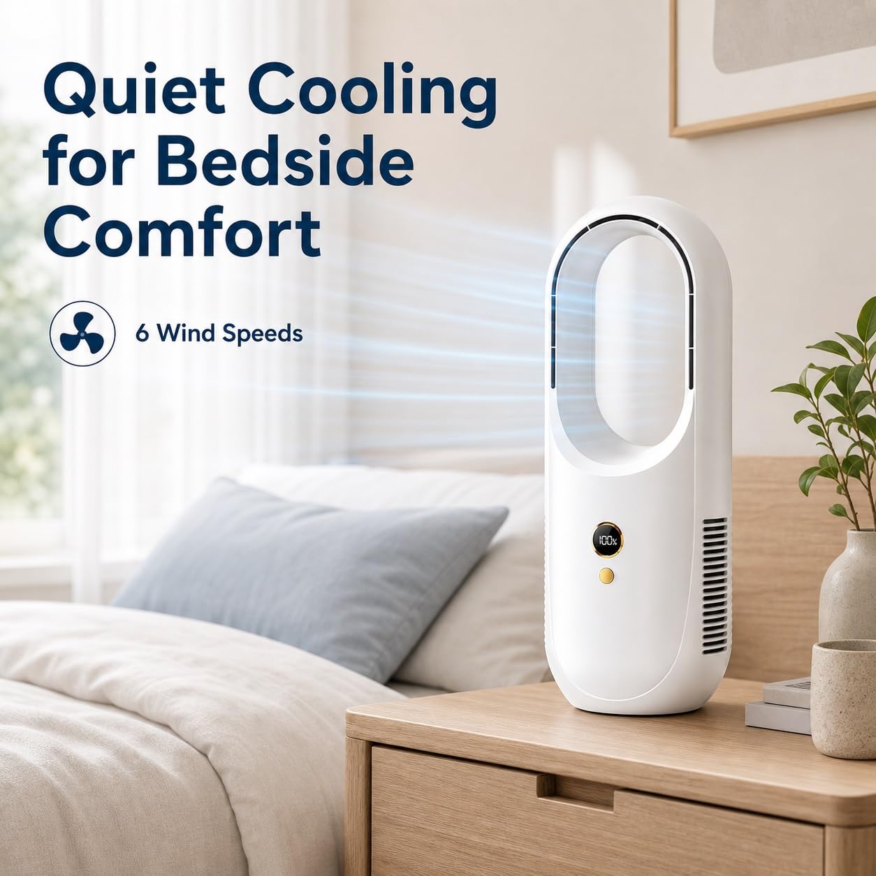 Ventilatore a Torre Senza Lama da 12 Pollici con Oscillazione di 80° | Finitura elettrolitica, uso in camera da letto e scrivania, ricaricabile tramite USB, 6 velocità(White)
