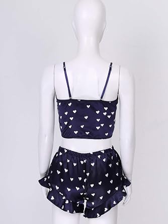Moily Womens Sexy Lingerie Pajama Set Heart Print Crop Camisole Top Ruched Shorts Sleepwear Loungewear