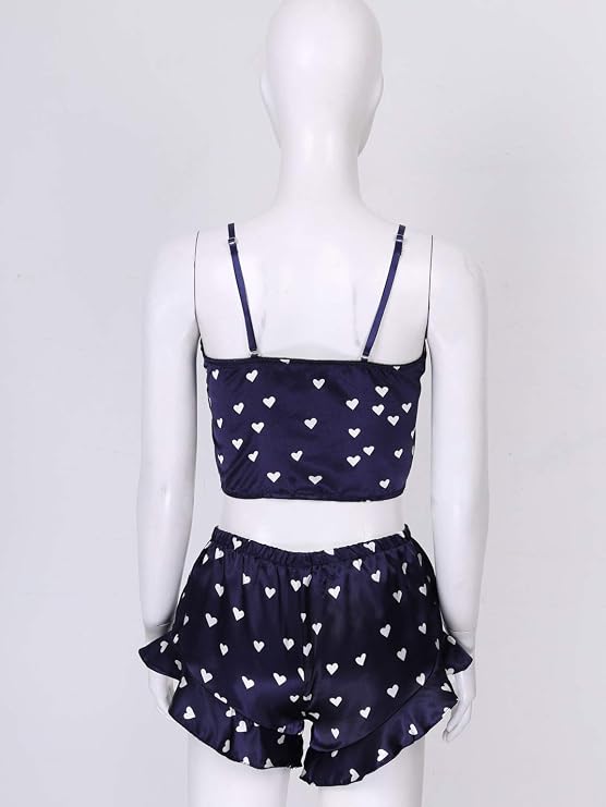 Moily Womens Sexy Lingerie Pajama Set Heart Print Crop Camisole Top Ruched Shorts Sleepwear Loungewear