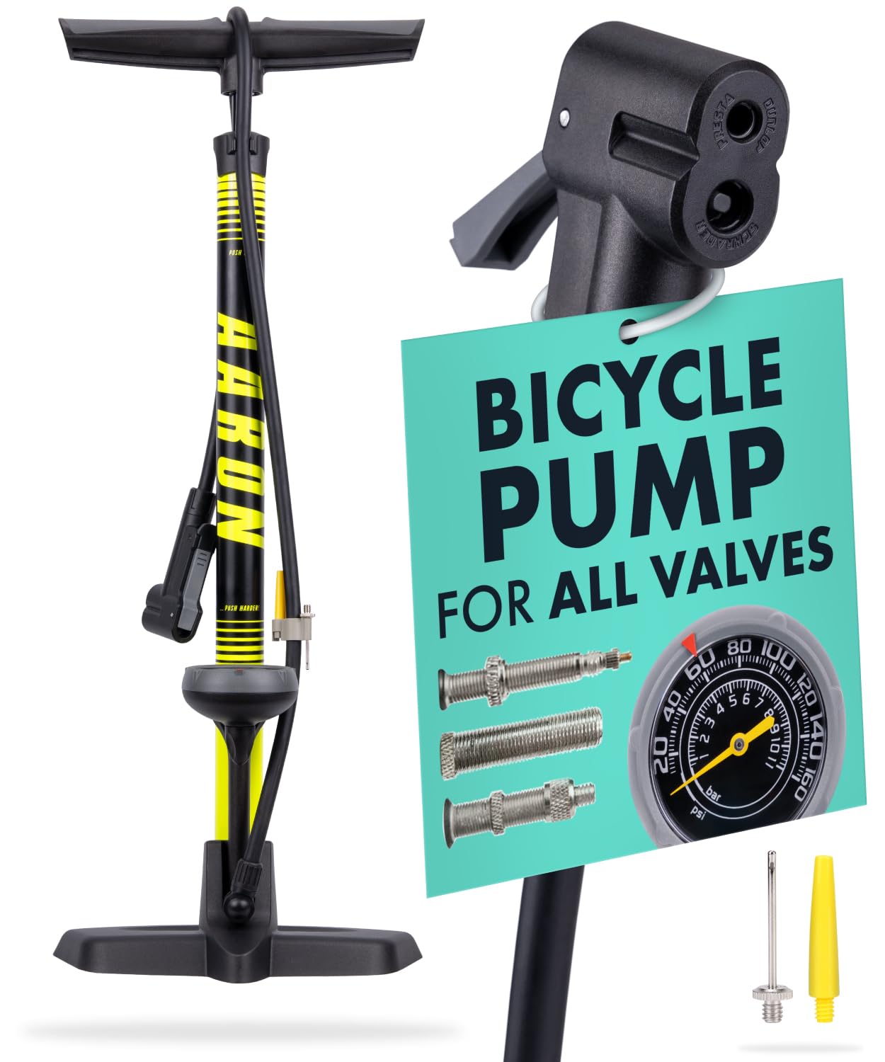 AARON Sport One Bicycle Floor Pump with Pressure Gauge for All Valves | High Pressure Bicycle Pump Including Ball Attachment | Air Pump for E-Bike, Mountain Bike, Road Bike and Much More Yellow
